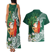 Polynesian Couples Matching Tank Maxi Dress and Hawaiian Shirt Tropical Santa - Plumeria Green Vintage LT7 - Polynesian Pride