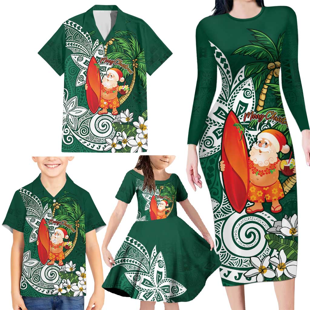 Polynesian Family Matching Long Sleeve Bodycon Dress and Hawaiian Shirt Tropical Santa - Plumeria Green Vintage LT7 - Polynesian Pride