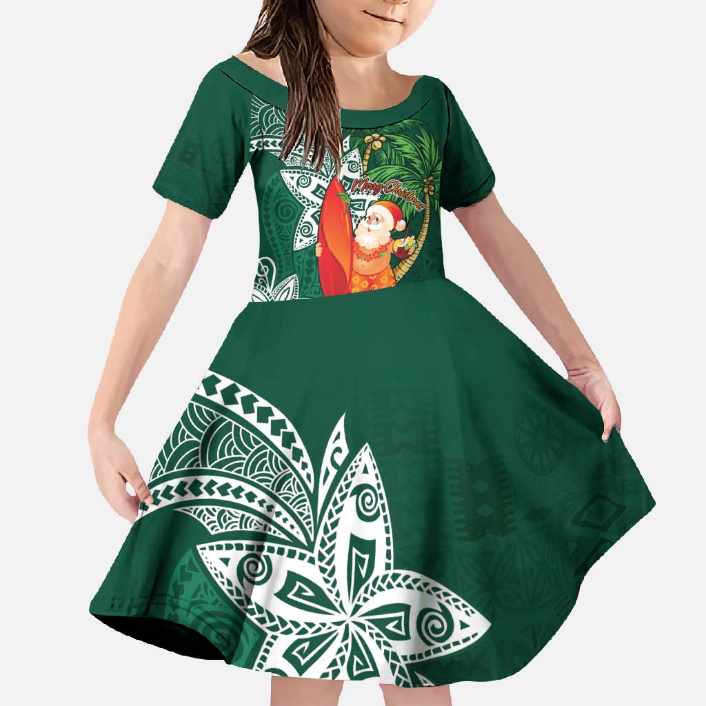 Polynesian Family Matching Mermaid Dress and Hawaiian Shirt Tropical Santa - Plumeria Green Vintage LT7 Daughter's Dress Green - Polynesian Pride