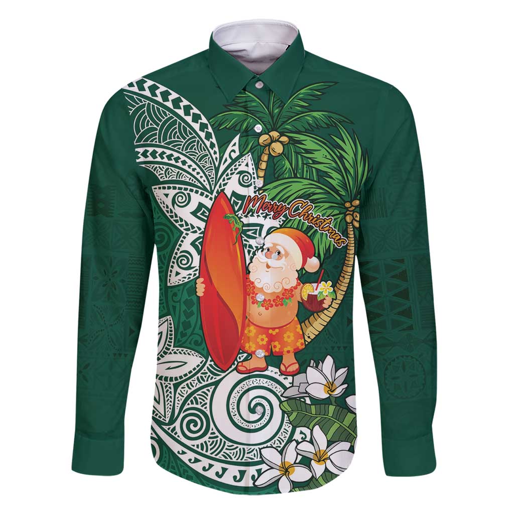 Polynesian Family Matching Mermaid Dress and Hawaiian Shirt Tropical Santa - Plumeria Green Vintage LT7 Dad's Shirt - Long Sleeve Green - Polynesian Pride