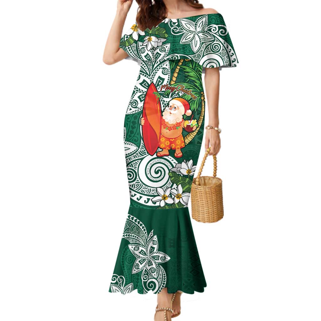 Polynesian Family Matching Mermaid Dress and Hawaiian Shirt Tropical Santa - Plumeria Green Vintage LT7 Mom's Dress Green - Polynesian Pride