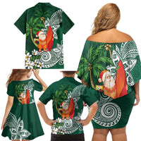 Polynesian Family Matching Off Shoulder Short Dress and Hawaiian Shirt Tropical Santa - Plumeria Green Vintage