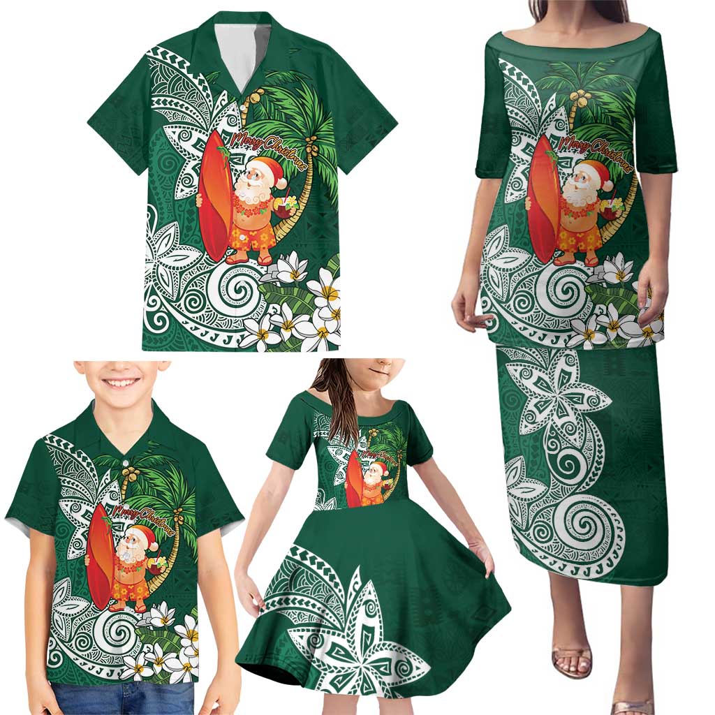 Polynesian Family Matching Puletasi and Hawaiian Shirt Tropical Santa - Plumeria Green Vintage LT7 - Polynesian Pride