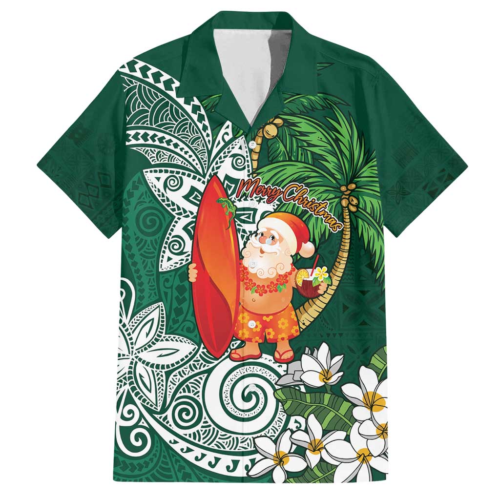 Polynesian Family Matching Puletasi and Hawaiian Shirt Tropical Santa - Plumeria Green Vintage LT7 Dad's Shirt - Short Sleeve Green - Polynesian Pride