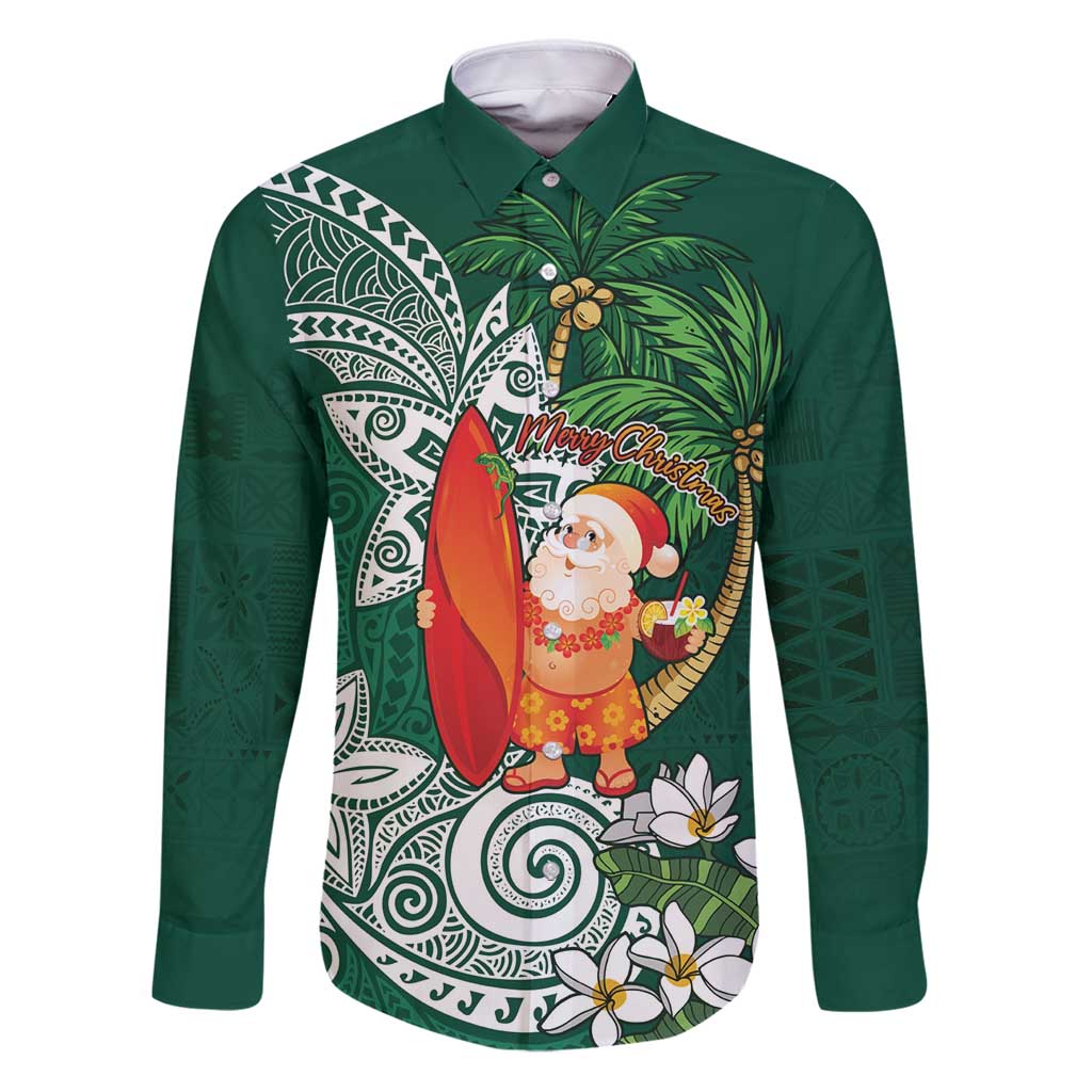 Polynesian Family Matching Puletasi and Hawaiian Shirt Tropical Santa - Plumeria Green Vintage LT7 Dad's Shirt - Long Sleeve Green - Polynesian Pride