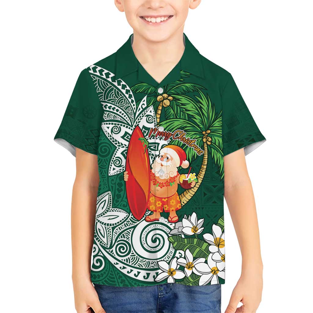 Polynesian Family Matching Puletasi and Hawaiian Shirt Tropical Santa - Plumeria Green Vintage LT7 Son's Shirt Green - Polynesian Pride