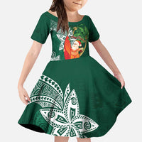 Polynesian Family Matching Short Sleeve Bodycon Dress and Hawaiian Shirt Tropical Santa - Plumeria Green Vintage LT7 Daughter's Dress Green - Polynesian Pride