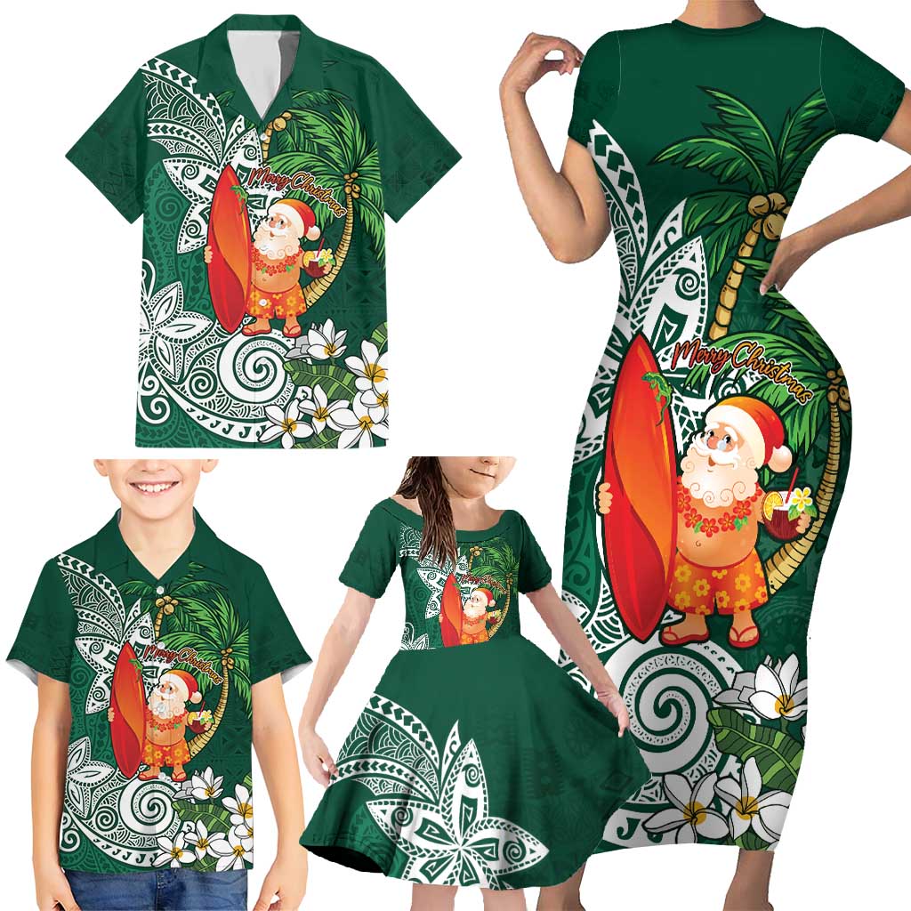Polynesian Family Matching Short Sleeve Bodycon Dress and Hawaiian Shirt Tropical Santa - Plumeria Green Vintage LT7 - Polynesian Pride