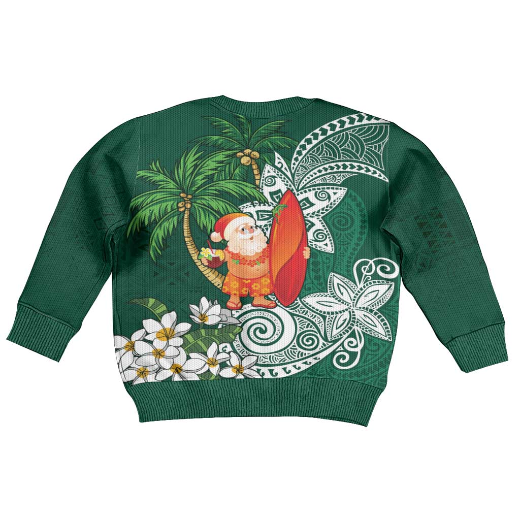 Polynesian Kid Ugly Christmas Sweater Tropical Santa - Plumeria Green Vintage