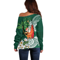 Polynesian Off Shoulder Sweater Tropical Santa - Plumeria Green Vintage