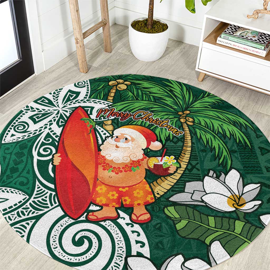 Polynesian Round Carpet Tropical Santa - Plumeria Green Vintage