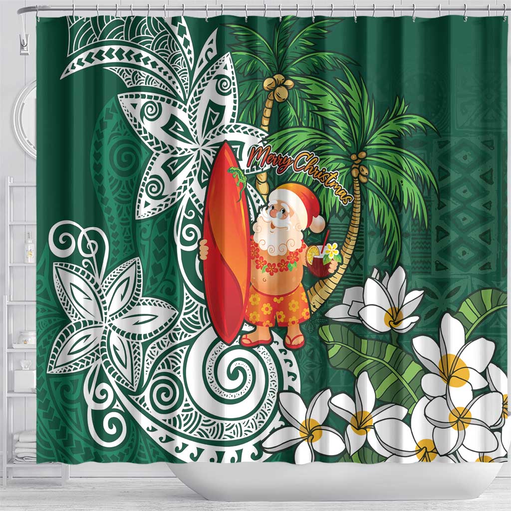 Polynesian Shower Curtain Tropical Santa - Plumeria Green Vintage