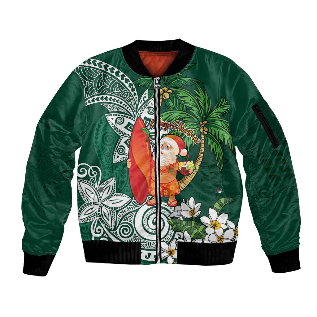 Polynesian Sleeve Zip Bomber Jacket Tropical Santa - Plumeria Green Vintage