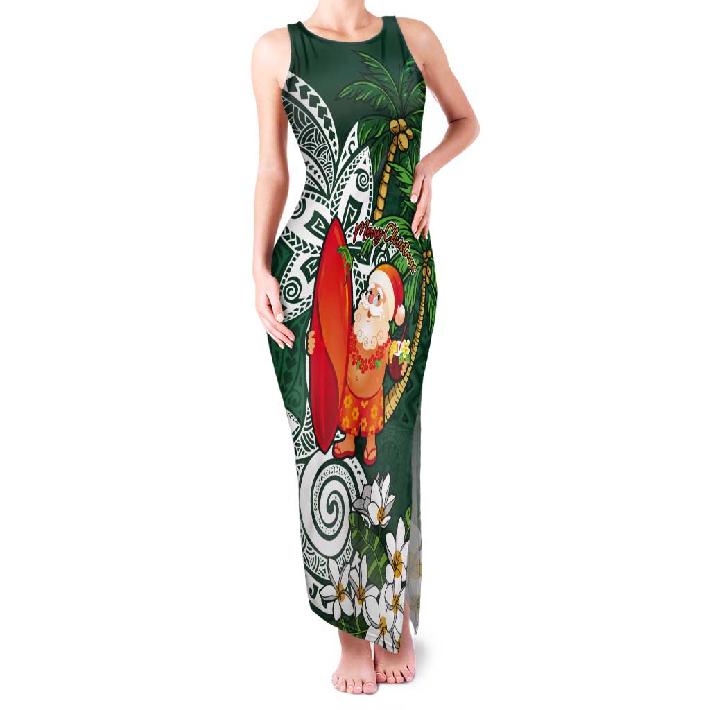 Polynesian Tank Maxi Dress Tropical Santa - Plumeria Green Vintage