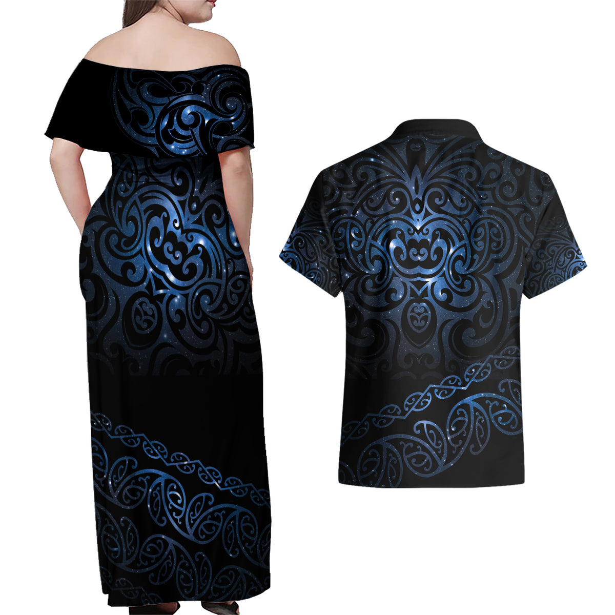 New Zealand Matariki Couples Matching Off Shoulder Maxi Dress and Hawaiian Shirt Cosmic Style LT7 - Polynesian Pride