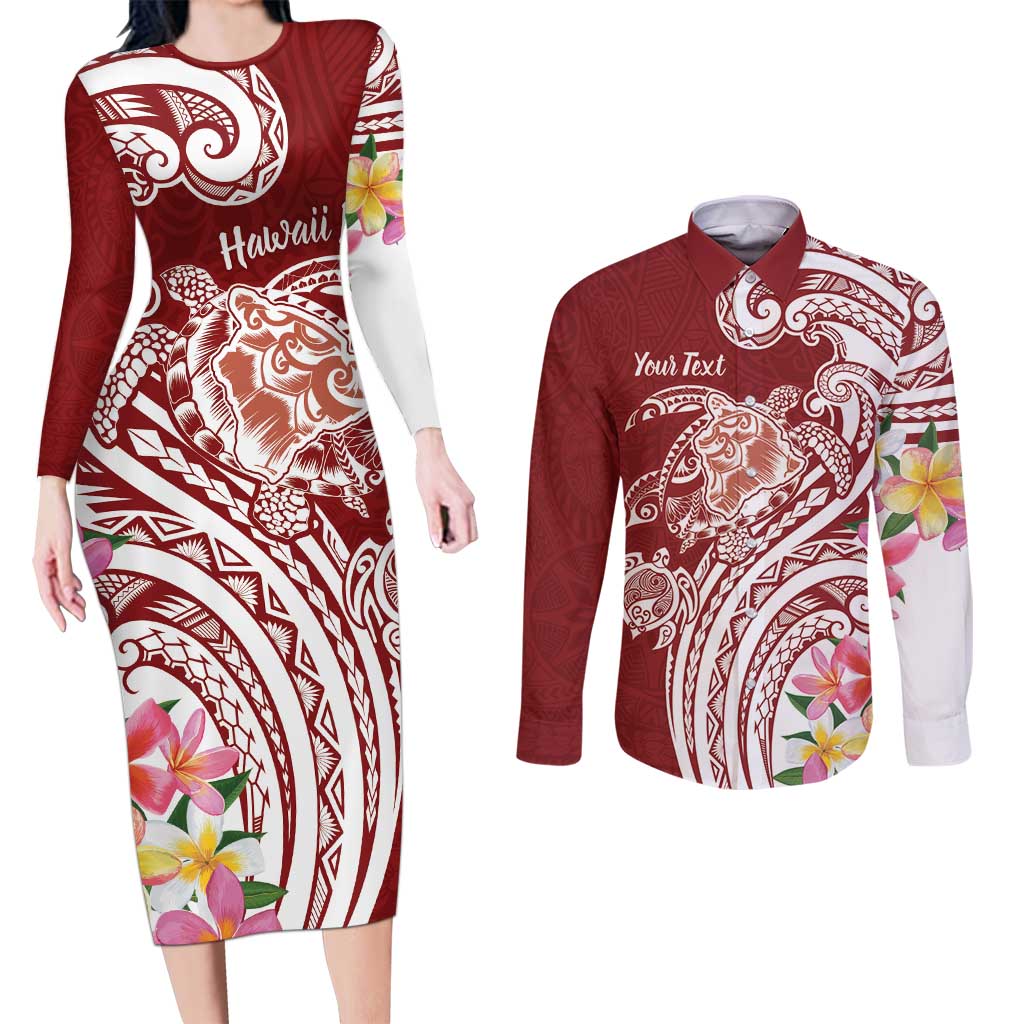 Aloha Hawaii Island Personalized Couples Matching Long Sleeve Bodycon Dress and Long Sleeve Button Shirt Crimson Dreamy Turtle