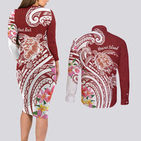 Aloha Hawaii Island Personalized Couples Matching Long Sleeve Bodycon Dress and Long Sleeve Button Shirt Crimson Dreamy Turtle