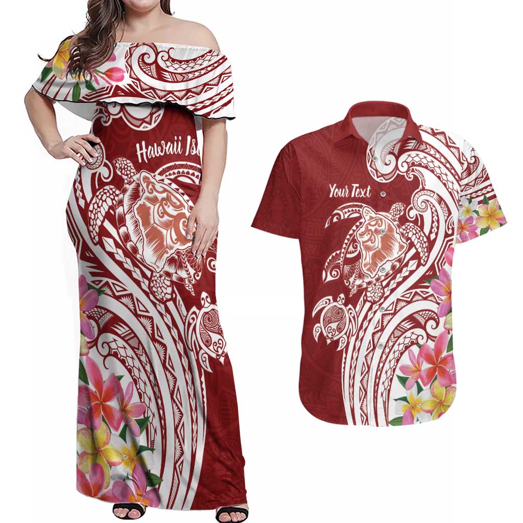 Aloha Hawaii Island Personalized Couples Matching Off Shoulder Maxi Dress and Hawaiian Shirt Crimson Dreamy Turtle