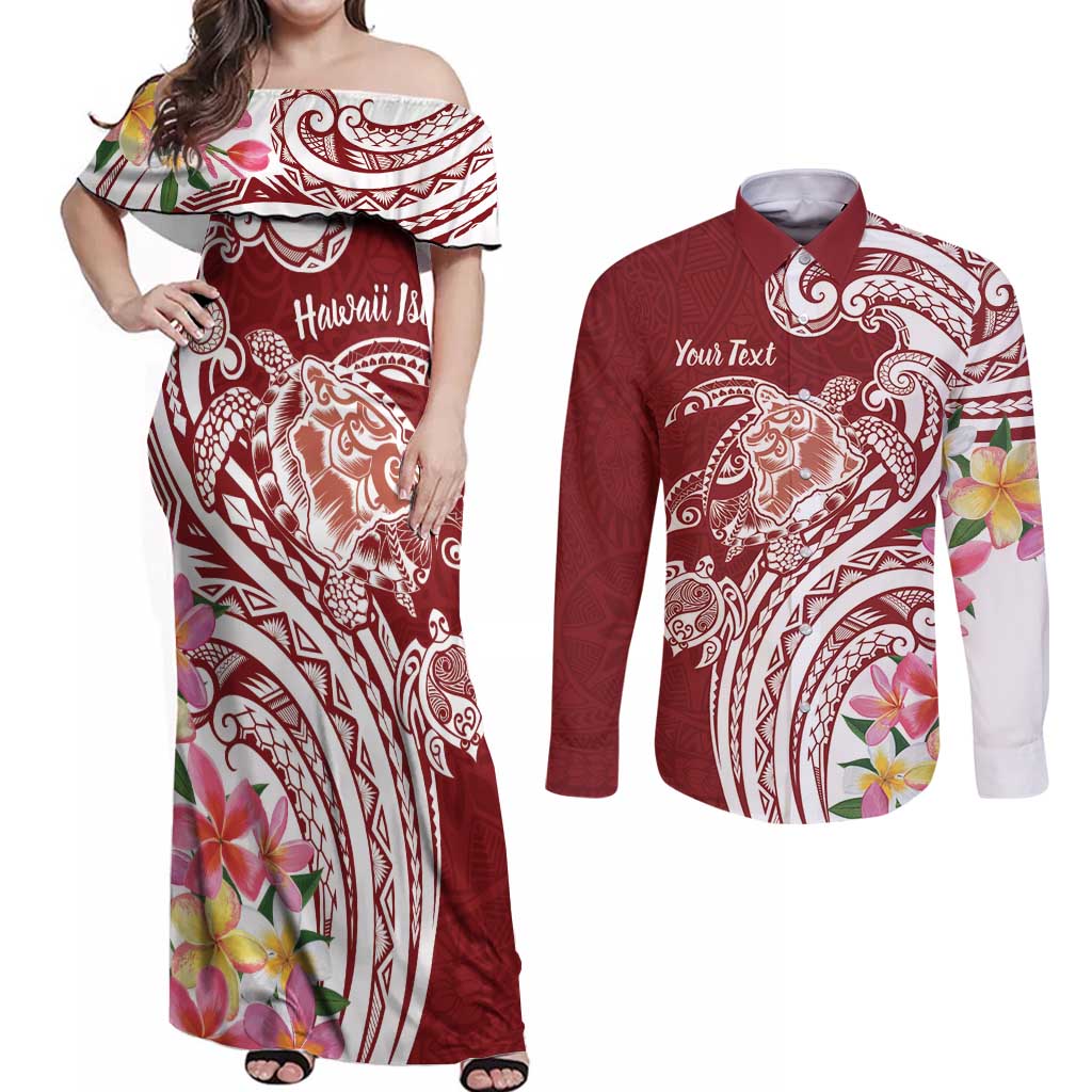 Aloha Hawaii Island Personalized Couples Matching Off Shoulder Maxi Dress and Long Sleeve Button Shirt Crimson Dreamy Turtle