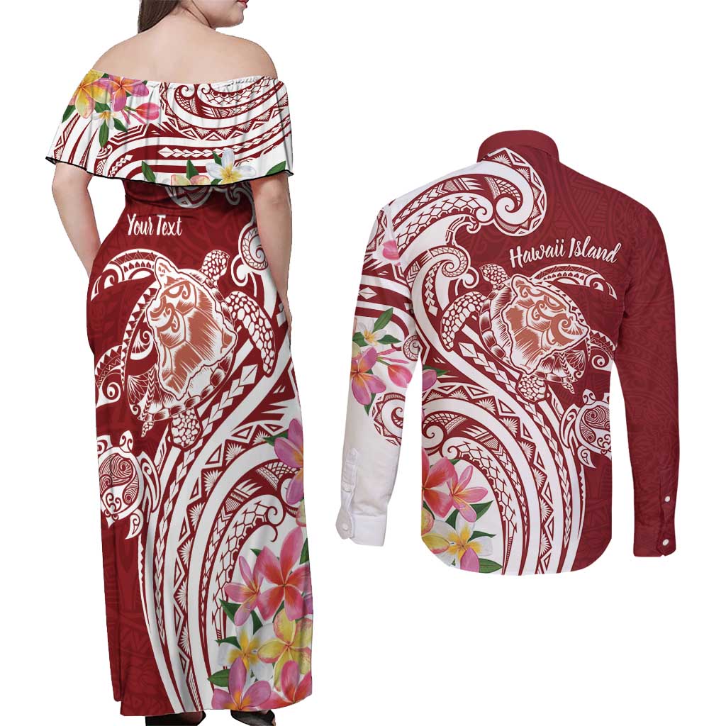 Aloha Hawaii Island Personalized Couples Matching Off Shoulder Maxi Dress and Long Sleeve Button Shirt Crimson Dreamy Turtle