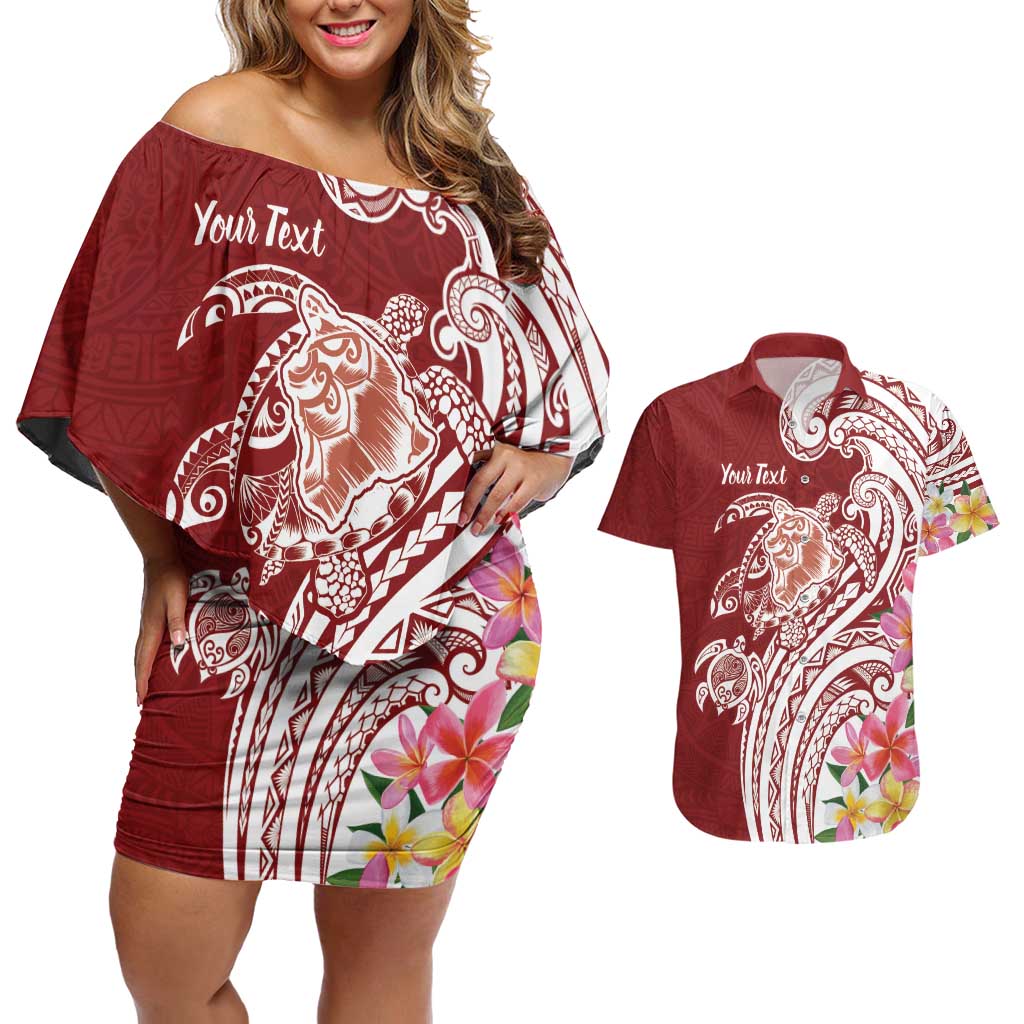 Aloha Hawaii Island Personalized Couples Matching Off Shoulder Short Dress and Hawaiian Shirt Crimson Dreamy Turtle