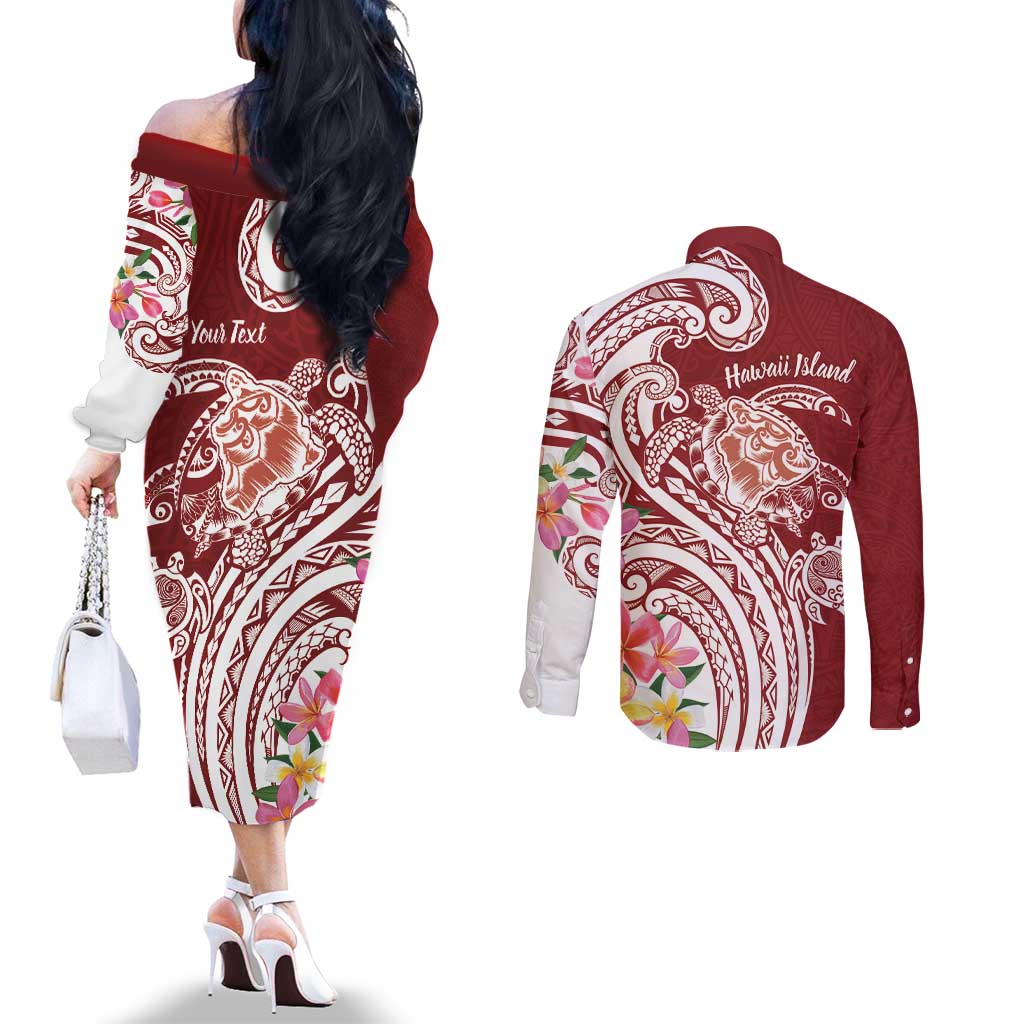 Aloha Hawaii Island Personalized Couples Matching Off The Shoulder Long Sleeve Dress and Long Sleeve Button Shirt Crimson Dreamy Turtle