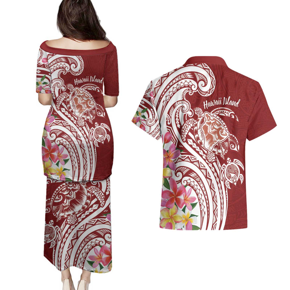 Aloha Hawaii Island Personalized Couples Matching Puletasi and Hawaiian Shirt Crimson Dreamy Turtle
