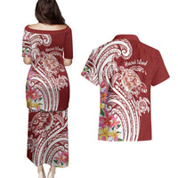 Aloha Hawaii Island Personalized Couples Matching Puletasi and Hawaiian Shirt Crimson Dreamy Turtle