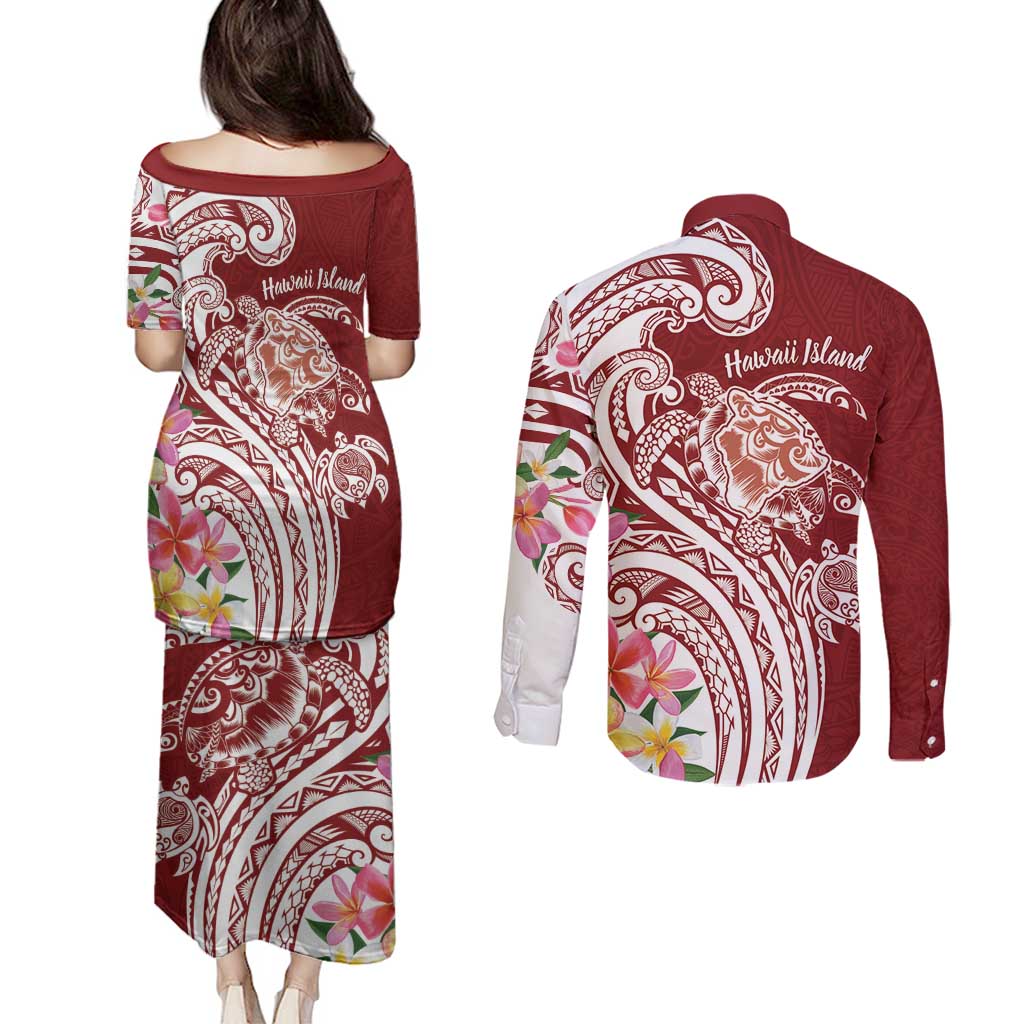 Aloha Hawaii Island Personalized Couples Matching Puletasi and Long Sleeve Button Shirt Crimson Dreamy Turtle