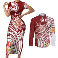 Aloha Hawaii Island Personalized Couples Matching Short Sleeve Bodycon Dress and Long Sleeve Button Shirt Crimson Dreamy Turtle