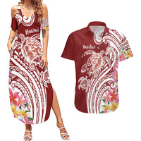 Aloha Hawaii Island Personalized Couples Matching Summer Maxi Dress and Hawaiian Shirt Crimson Dreamy Turtle