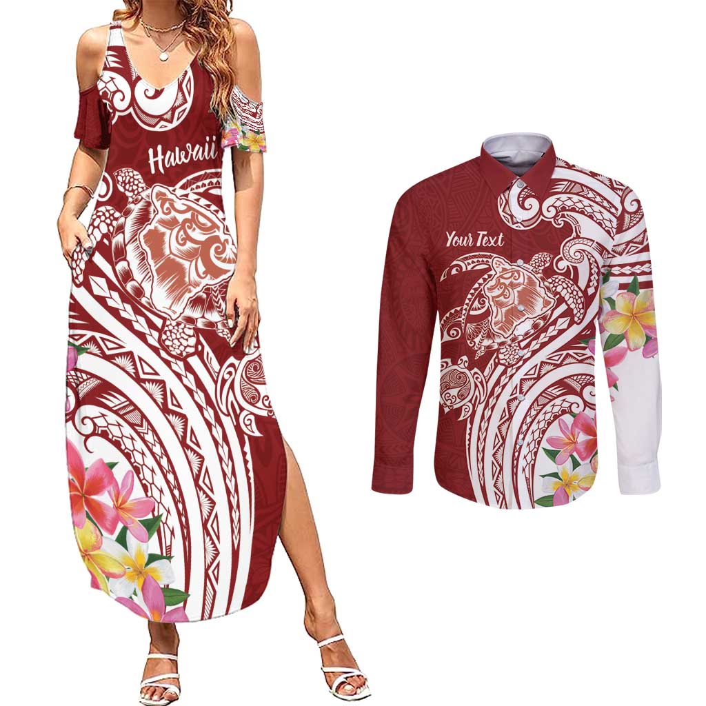 Aloha Hawaii Island Personalized Couples Matching Summer Maxi Dress and Long Sleeve Button Shirt Crimson Dreamy Turtle