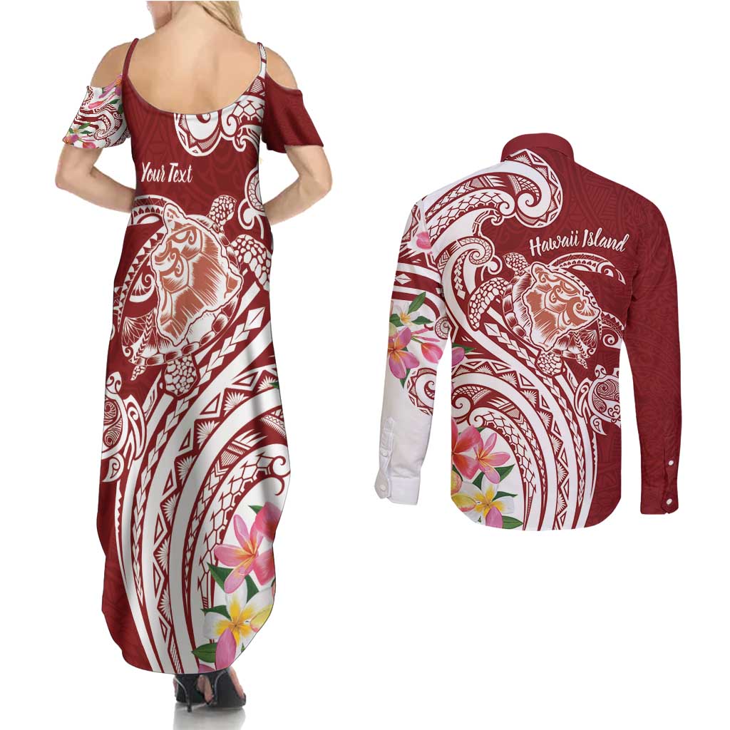 Aloha Hawaii Island Personalized Couples Matching Summer Maxi Dress and Long Sleeve Button Shirt Crimson Dreamy Turtle