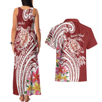 Aloha Hawaii Island Personalized Couples Matching Tank Maxi Dress and Hawaiian Shirt Crimson Dreamy Turtle