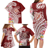 Aloha Hawaii Island Personalized Family Matching Long Sleeve Bodycon Dress and Hawaiian Shirt Crimson Dreamy Turtle