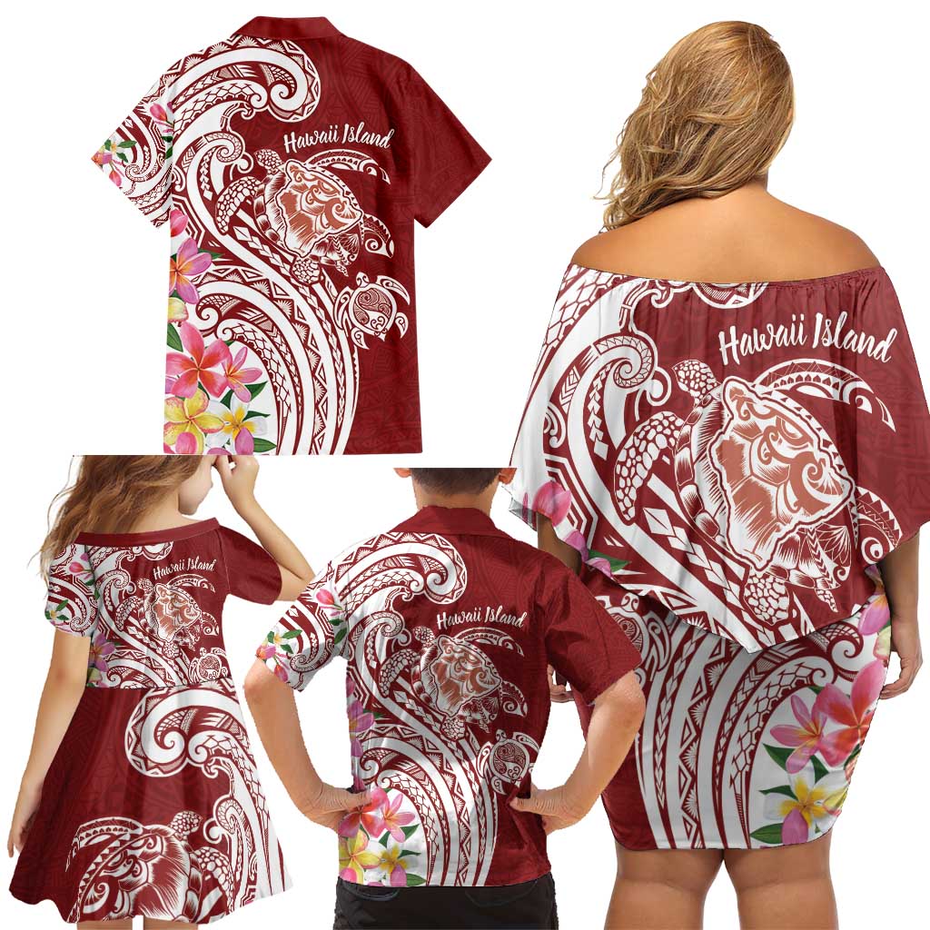 Aloha Hawaii Island Personalized Family Matching Off Shoulder Short Dress and Hawaiian Shirt Crimson Dreamy Turtle