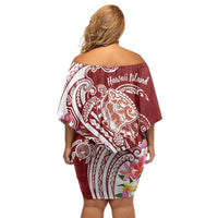Aloha Hawaii Island Personalized Family Matching Off Shoulder Short Dress and Hawaiian Shirt Crimson Dreamy Turtle