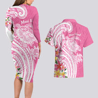 Aloha Maui Island Personalized Couples Matching Long Sleeve Bodycon Dress and Hawaiian Shirt Rose Dreamy Turtle