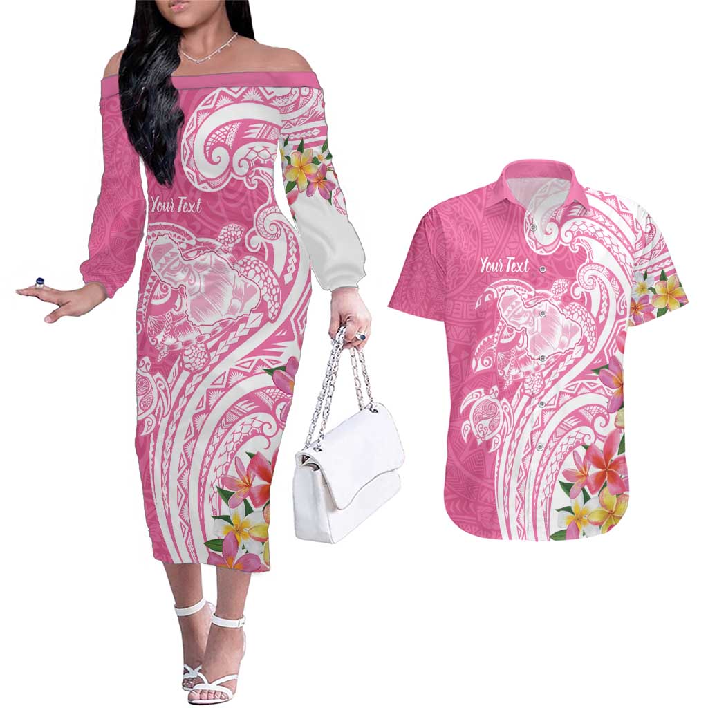 Aloha Maui Island Personalized Couples Matching Off The Shoulder Long Sleeve Dress and Hawaiian Shirt Rose Dreamy Turtle