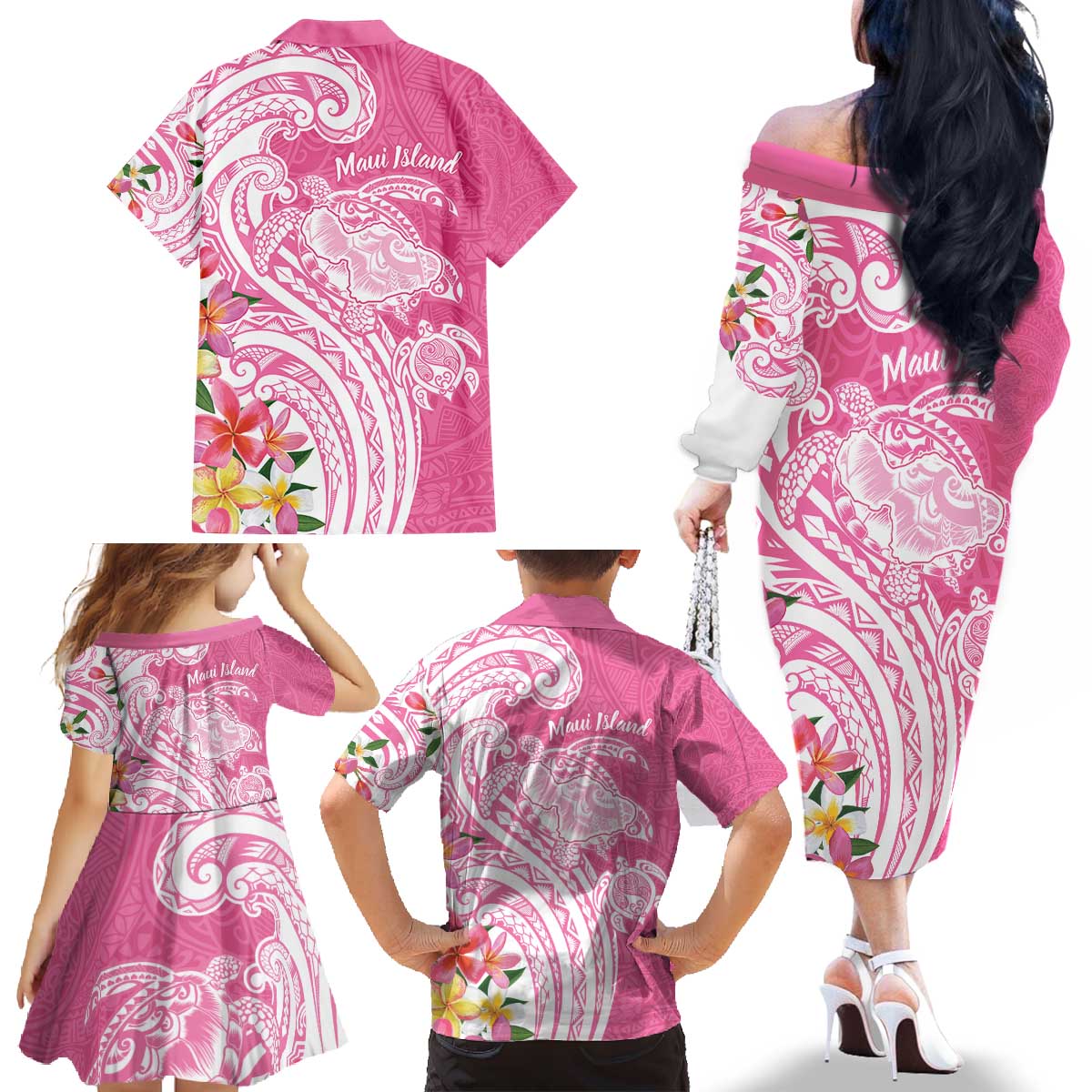 Aloha Maui Island Personalized Family Matching Off The Shoulder Long Sleeve Dress and Hawaiian Shirt Rose Dreamy Turtle
