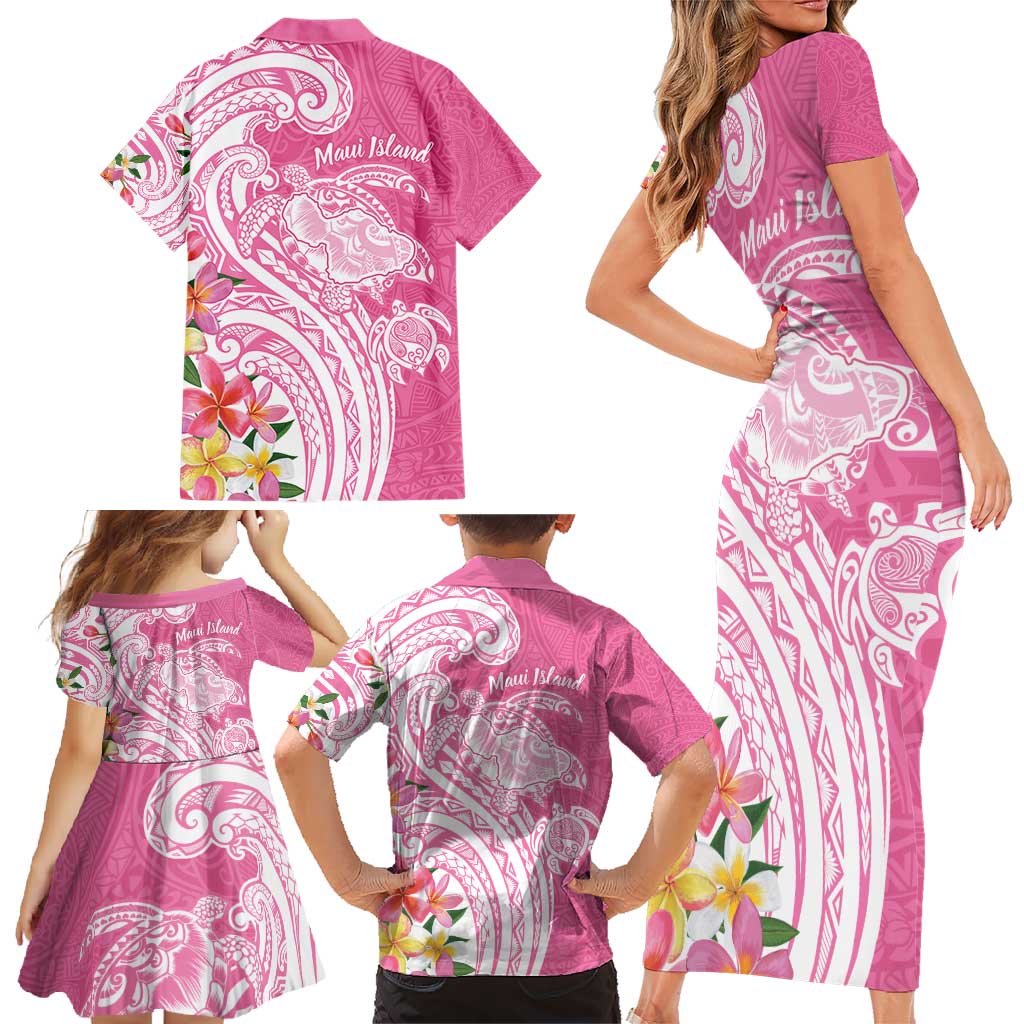 Aloha Maui Island Personalized Family Matching Short Sleeve Bodycon Dress and Hawaiian Shirt Rose Dreamy Turtle