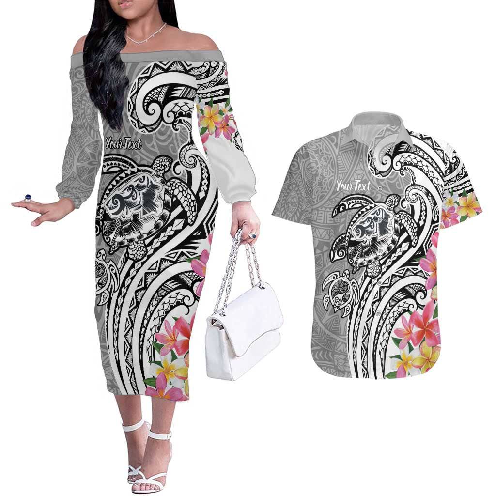 Aloha Kahoolawe Island Personalized Couples Matching Off The Shoulder Long Sleeve Dress and Hawaiian Shirt Ashen Dreamy Turtle LT7 Grey - Polynesian Pride