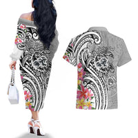 Aloha Kahoolawe Island Personalized Couples Matching Off The Shoulder Long Sleeve Dress and Hawaiian Shirt Ashen Dreamy Turtle LT7 - Polynesian Pride