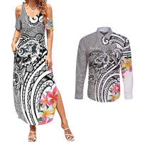 Aloha Kahoolawe Island Personalized Couples Matching Summer Maxi Dress and Long Sleeve Button Shirt Ashen Dreamy Turtle LT7 Grey - Polynesian Pride