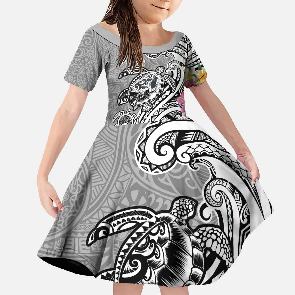 Aloha Kahoolawe Island Personalized Family Matching Long Sleeve Bodycon Dress and Hawaiian Shirt Ashen Dreamy Turtle LT7 Daughter's Dress Grey - Polynesian Pride