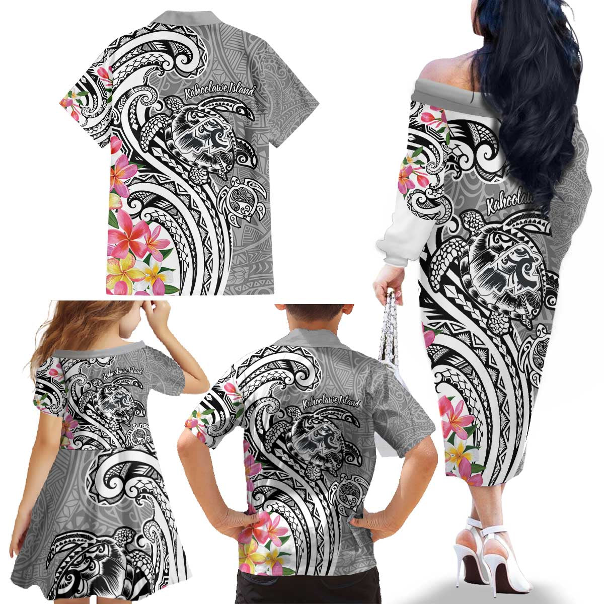 Aloha Kahoolawe Island Personalized Family Matching Off The Shoulder Long Sleeve Dress and Hawaiian Shirt Ashen Dreamy Turtle LT7 - Polynesian Pride