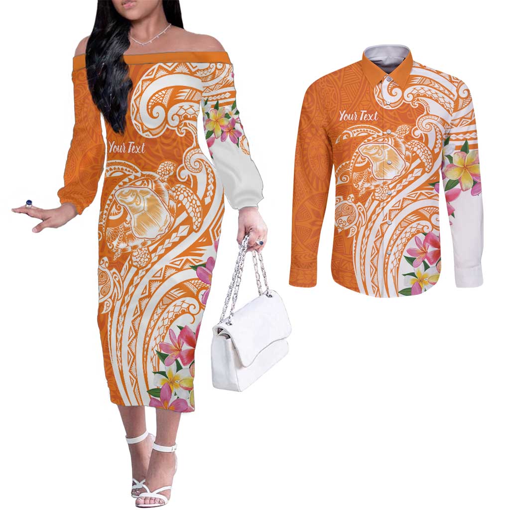 Aloha Lanai Island Personalized Couples Matching Off The Shoulder Long Sleeve Dress and Long Sleeve Button Shirt Orange Dreamy Turtle