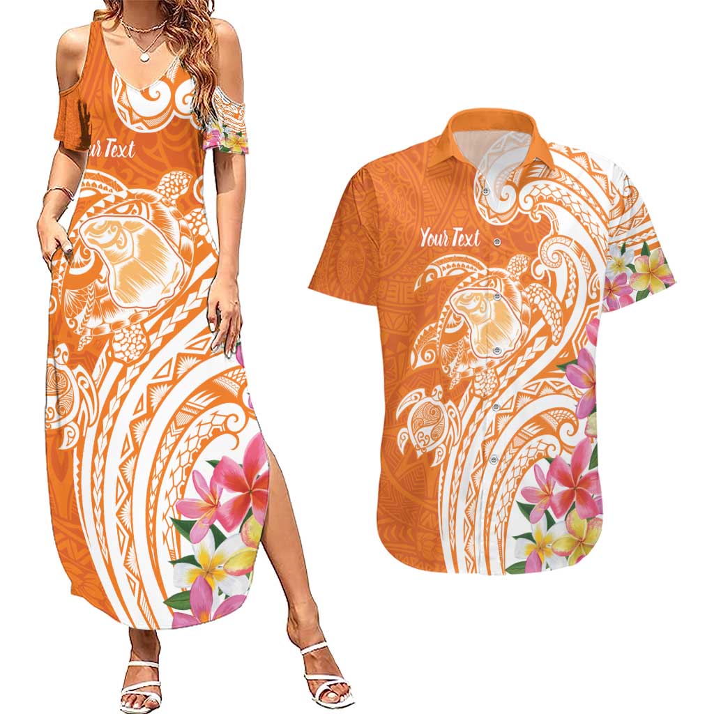 Aloha Lanai Island Personalized Couples Matching Summer Maxi Dress and Hawaiian Shirt Orange Dreamy Turtle