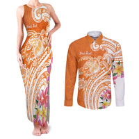 Aloha Lanai Island Personalized Couples Matching Tank Maxi Dress and Long Sleeve Button Shirt Orange Dreamy Turtle