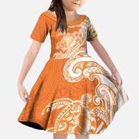 Aloha Lanai Island Personalized Family Matching Long Sleeve Bodycon Dress and Hawaiian Shirt Orange Dreamy Turtle LT7 Daughter's Dress Orange - Polynesian Pride
